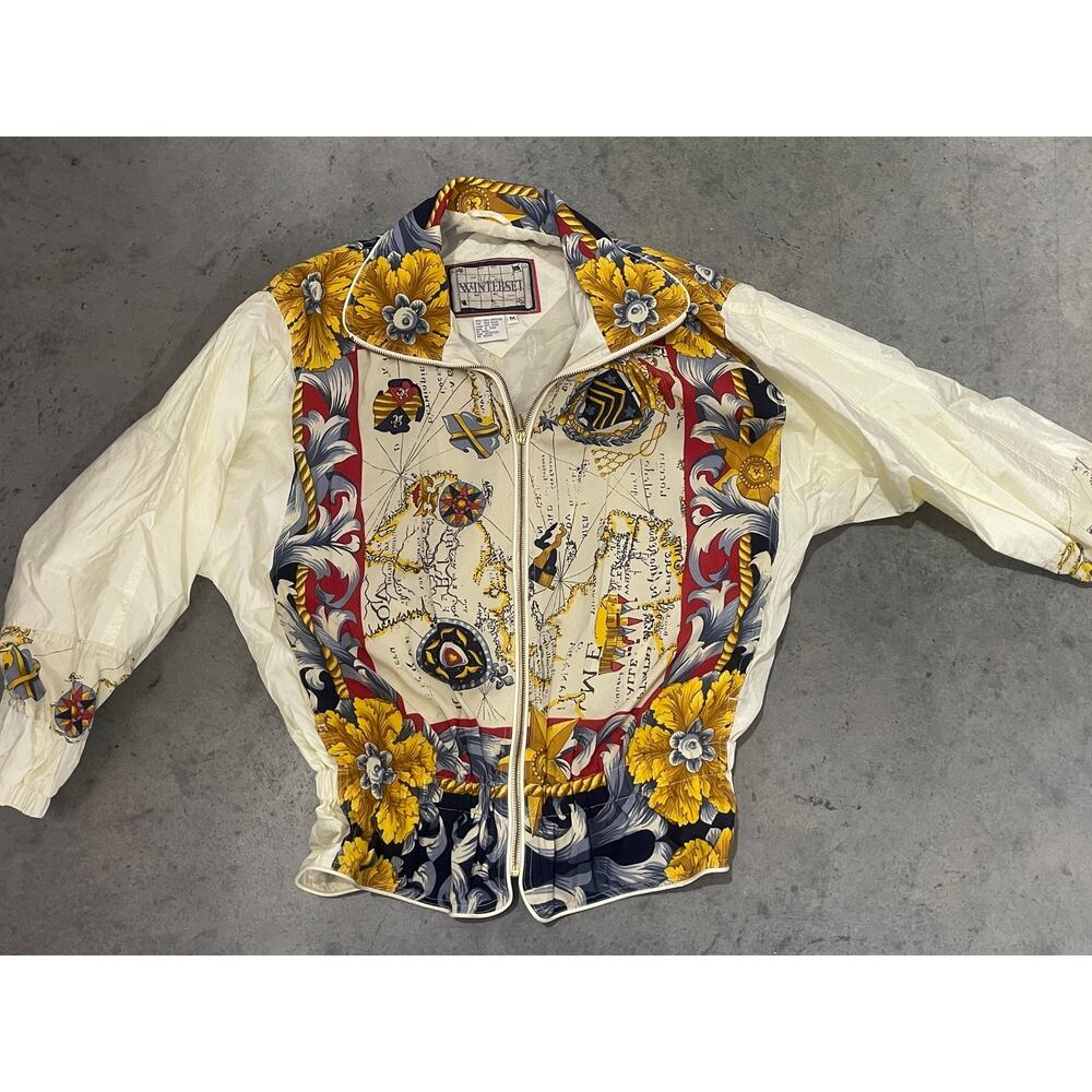 Winterset, 80s parachute Windbreaker Jacket with Antique Map Design, Size M,